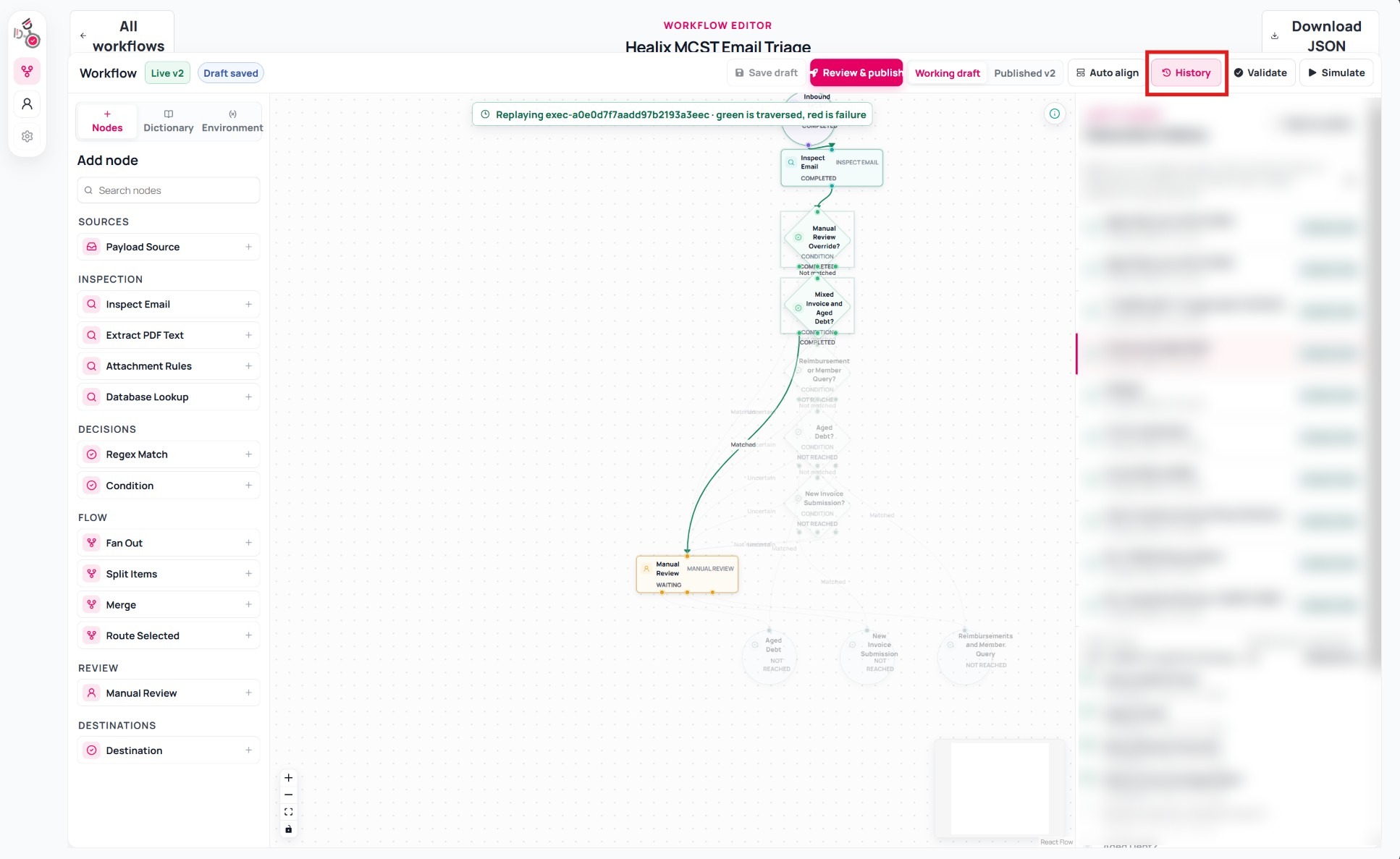 Routing Engine execution history showing the path followed by a workflow item